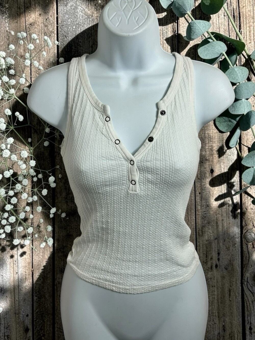BP Nordstrom Ribbed White Tank Top Sz XXS Snap Button V-Neck Stretch Shirt